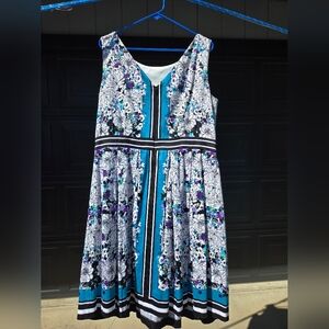 Floral Sleeveless Dress with Blue and Black Accents